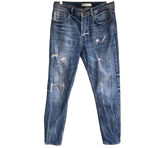 Zara High Rise Jeans Women 32 Distressed Ripped Button Fly Tapered Med Wash - Picture 1 of 16